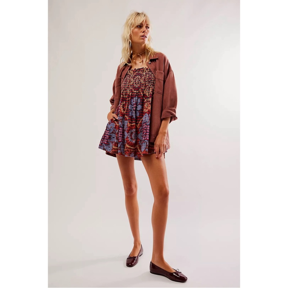 Free People Dress Floral Clara Corduroy Red Blue Medium M Boho - Picture 3 of 8